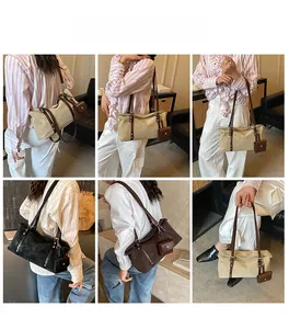 On-body view of a stylish large shoulder bag with mini pouch in neutral beige and brown tones