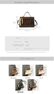 Detail view showing dimensions and five color options of the PU leather square handbag