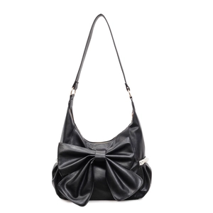 Retro black leather hobo bag with large bow detail and white lace trim for women