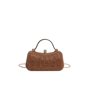 Elegant brown leopard print evening clutch bag with gold handle and chain strap