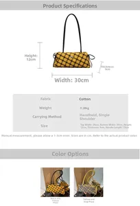 Detailed dimensions of the plaid baguette bag showing 30x12x9cm size and 33cm handle height