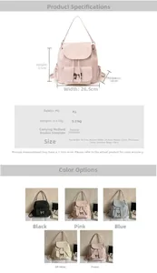 Detailed size chart and specifications for PU leather backpack with bow-knot buckle detail