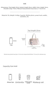 Tableau des tailles détaillé du sac seau à motif avec matériau PU et capacité