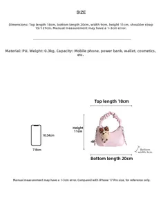 Size chart showing pink pleated cloud bag dimensions with phone size comparison
