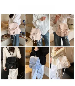 Lifestyle shots showing various ways to carry the vintage leather drawstring backpack