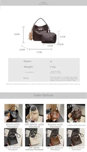 Detailed size chart for the faux leather bucket bag set showing dimensions and straps