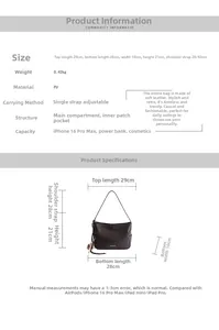 Detailed size chart for vintage PU shoulder bag showing dimensions 29x21x10cm and weight