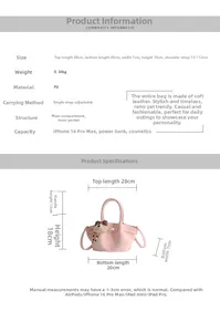 Guía de tallas detallada para bolso tipo cubo rosa con dimensiones y materiales