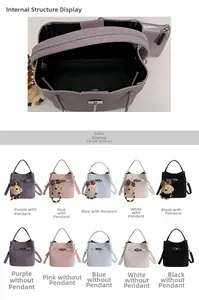 Close-up of bucket bag interior zipper pocket and selection of five leather colors