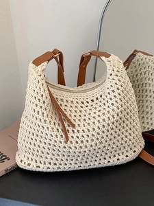 Borsa Tote Donna Casual Intrecciata Uncinetto Traforata Borsa a Spalla da Spiaggia Con Tracolla in Pelle Grande Capacità a Tracolla