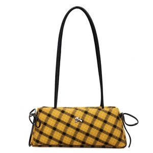 Retro yellow plaid underarm bag with metal leopard logo and long black straps