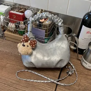 Women Ruched Handle Crescent Hobo Bag PU Leather Fashion Chain Shoulder Crossbody Bag With Cute Bear Pendant Sweet Handbag