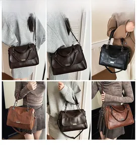 Collage of retro Boston bags in brown, black, and tan showing various carrying styles