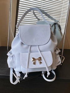Fashion Women PU Leather Backpack With Metal Bow Decor Drawstring Flap School Bag For Daily Travel Sweet Girls Daypack