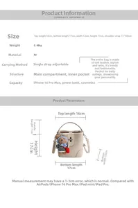 Detailed size chart for contrast color bucket bag with dimensions and capacity info