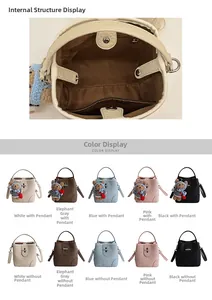 Litchi pattern bucket bag internal structure showing zipper pocket and color options