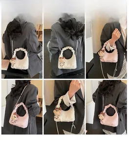 Detailed views of stylish pleated handbag with chain strap and cute bear charm in use