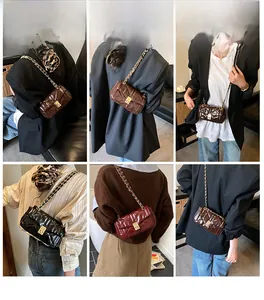 Detailed views of quilted crossbody bags with chain straps in multiple elegant colors