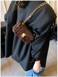 Close-up of brown quilted patent leather shoulder bag with golden chain and clasp
