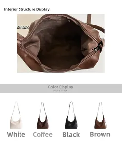 Detail of the internal structure and four color options for the large shoulder bag