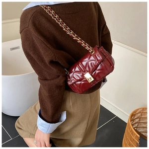 Detail of burgundy quilted chain bag with gold twist lock worn by a model