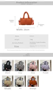 Size chart showing 26cm width and 15cm height for this quilted puffer handbag