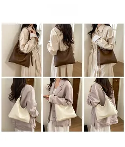 Detailed views of brown and beige leather tote bags showing shoulder strap and stitching