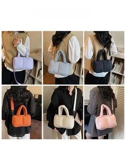 Collage of quilted down puffer shoulder bags in six colors shown on a model