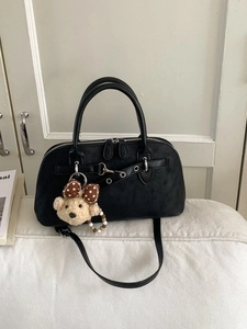 Retro black matte crossbody pillow bag with bear pendant and adjustable strap