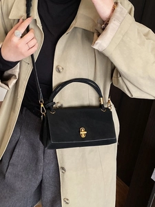 Classic black leather square handbag with gold twist lock for elegant shoulder and crossbody wear