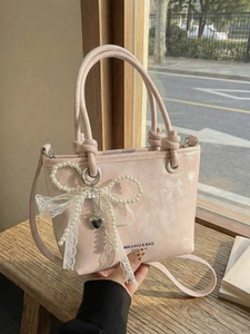 Sac à Épaule Doux Nœud Dentelle Künstliche Perle pour Femmes Sac Seau Vintage Bandoulière avec Poignée à Nœud en Cuir PU
