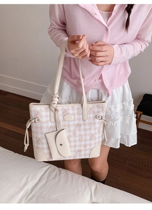 Detailed view of pink plaid tote bag with cute cartoon bear and mini coin purse