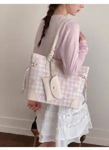 Pink and white checkered tote bag with cute rabbit pattern and mini matching coin purse