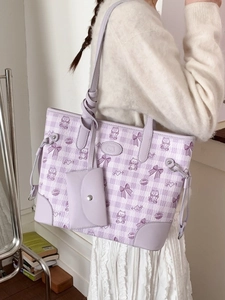 Purple plaid tote bag with cute cartoon prints and small purse for casual daily use