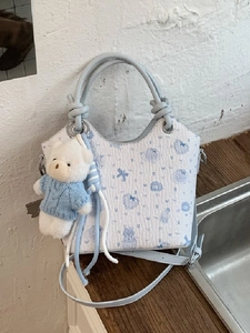 Kawaii Women Synthetic Leather Bucket Bag With Bear Charm Sweet Cartoon Print Crossbody Shoulder Bag For Daily Use Gift