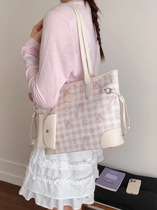 Pink and beige plaid large tote bag with bear embroidery and matching mini pouch