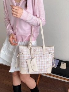 Pink plaid tote bag with cute animal print and a small coin purse for women's daily use