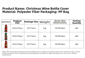 Detailed size chart for Christmas wine bottle gift bags with polyester fabric specifications