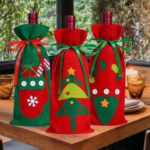 Christmas Wine Bottle Covers Felt Drawstring Gift Bags Xmas Table Decorations Red Green Festive Reusable Bottle Sleeves Home Party