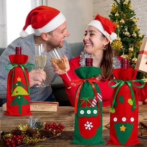 Three-piece Christmas wine bottle cover set with festive tree and glove designs