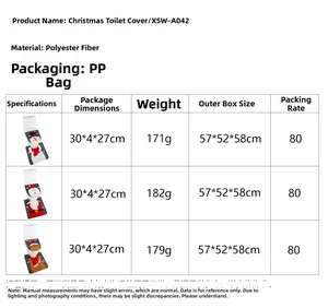 Detailed size chart for Christmas toilet seat cover set showing polyester material specs