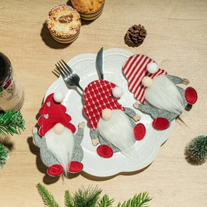 Christmas Gnome Cutlery Holder Table Decoration Felt Knitted Dwarf Pocket For Knife Fork Holiday Party Dining Decor