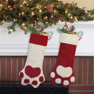 Cable Knit Christmas Stocking With Pet Paw Print Plush Trim Red White Holiday Home Hanging Decoration For Family Gift