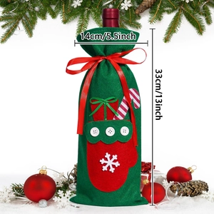 Christmas wine bottle bag in green felt with festive glove embroidery, 14x33cm size