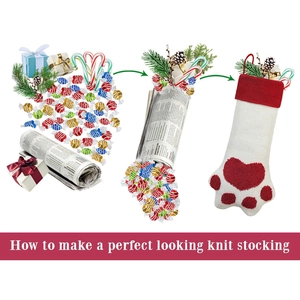 Red and white knit Christmas stocking with dog paw design and gift stuffing steps