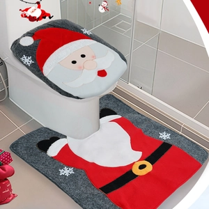 Santa Claus toilet seat cover and U-shaped rug set with red snowflake pattern for Christmas
