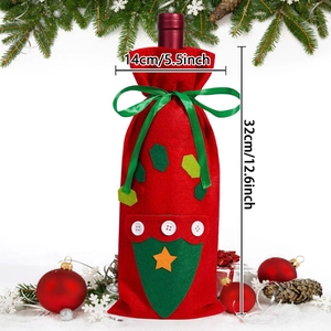 Detailed size view of red Christmas wine bottle bag with festive star and button accents
