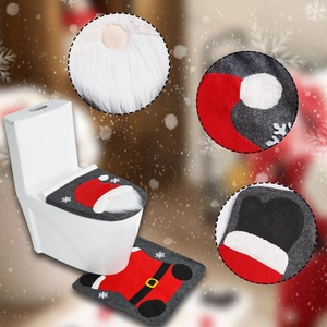 Detail of Christmas toilet seat cover and rug set with gnome design and snowflake patterns