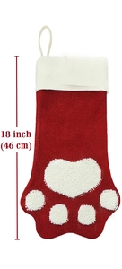 Detailed knit pet paw Christmas stocking with heart pattern and 18 inch size measurement