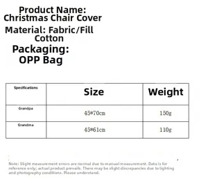 Size chart showing dimensions for Santa and Mrs. Claus Christmas themed chair covers